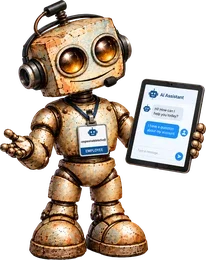 Hal the robot wearing a headset and holding a chat tablet